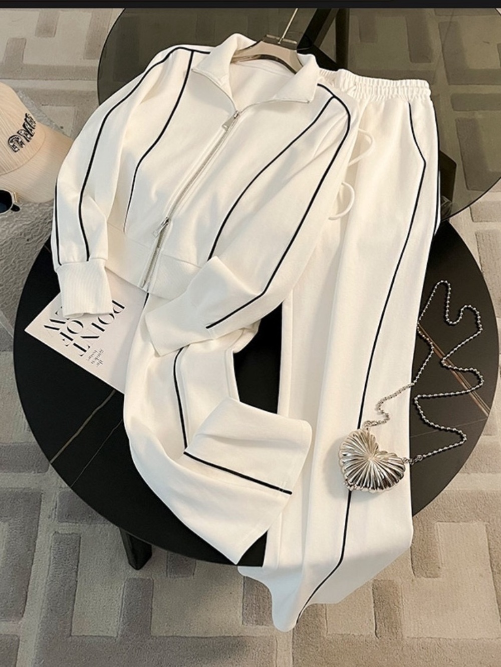 Women’s White Track Jacket & Pants Set with Black Piping